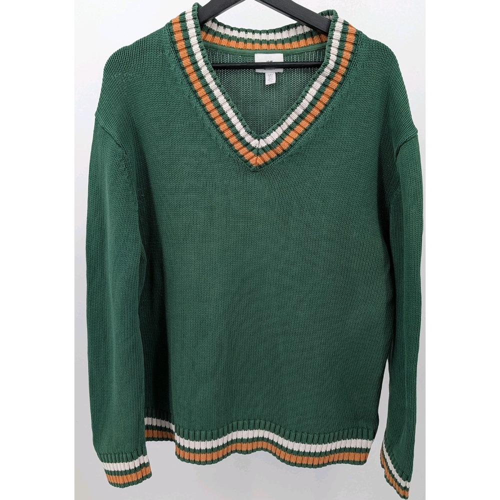 Chunky Knit Green Varsity Sweater H&M V Neck Cotton Size S Preppy Heritage 90s
